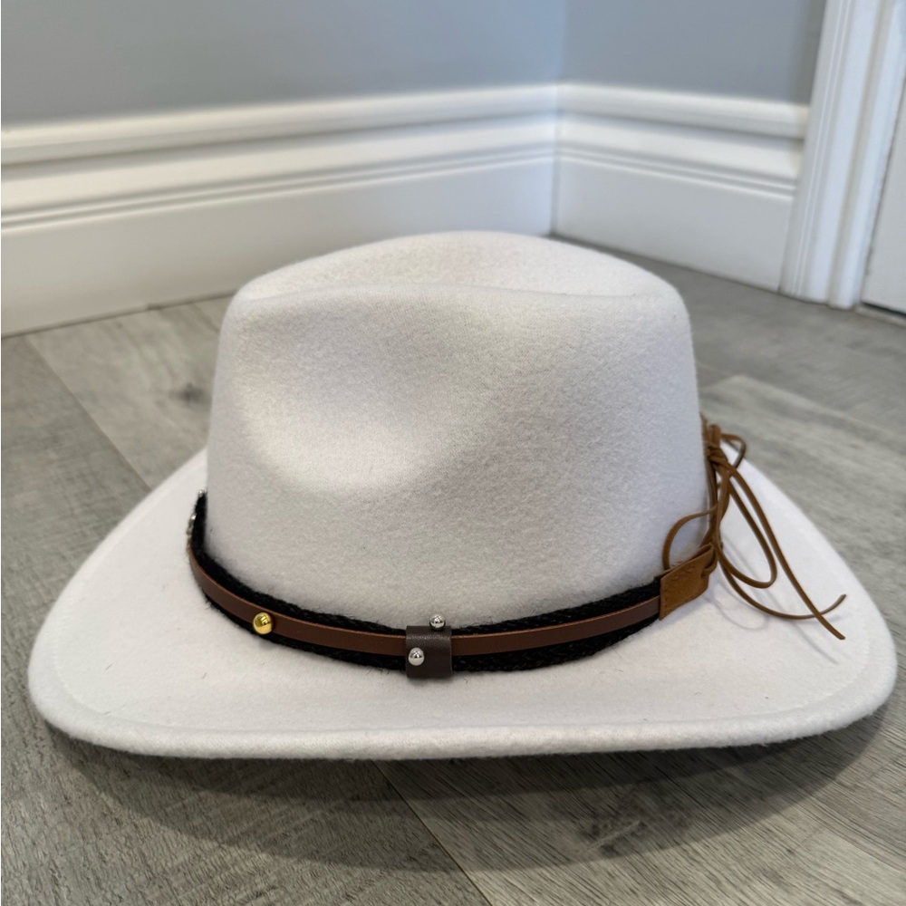 White Cowboy Hat with Brown Band - Picture 2 of 4